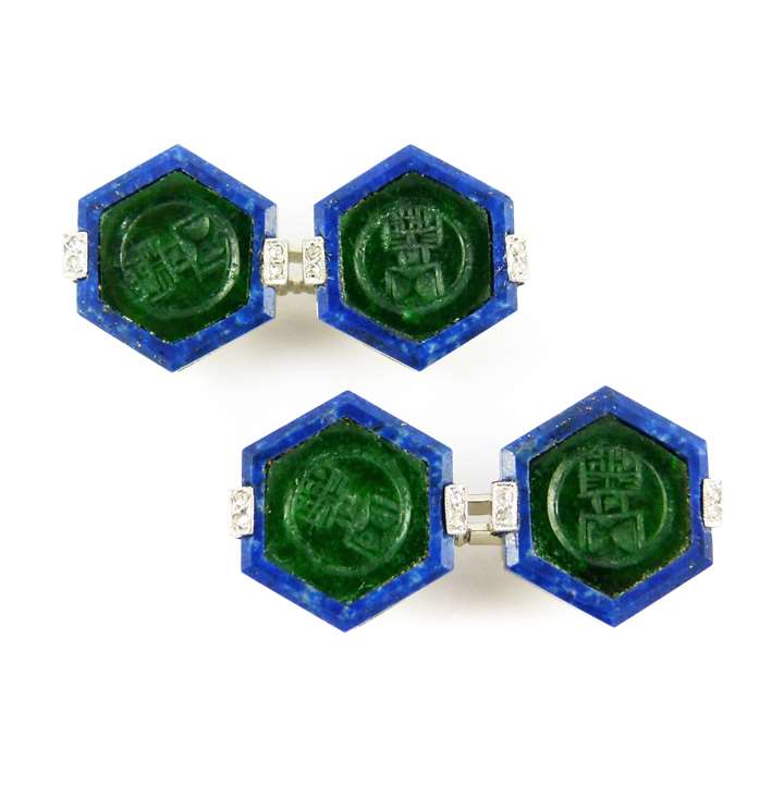 Pair of Art Deco nephrite and lapis lazuli octagonal panel cufflinks